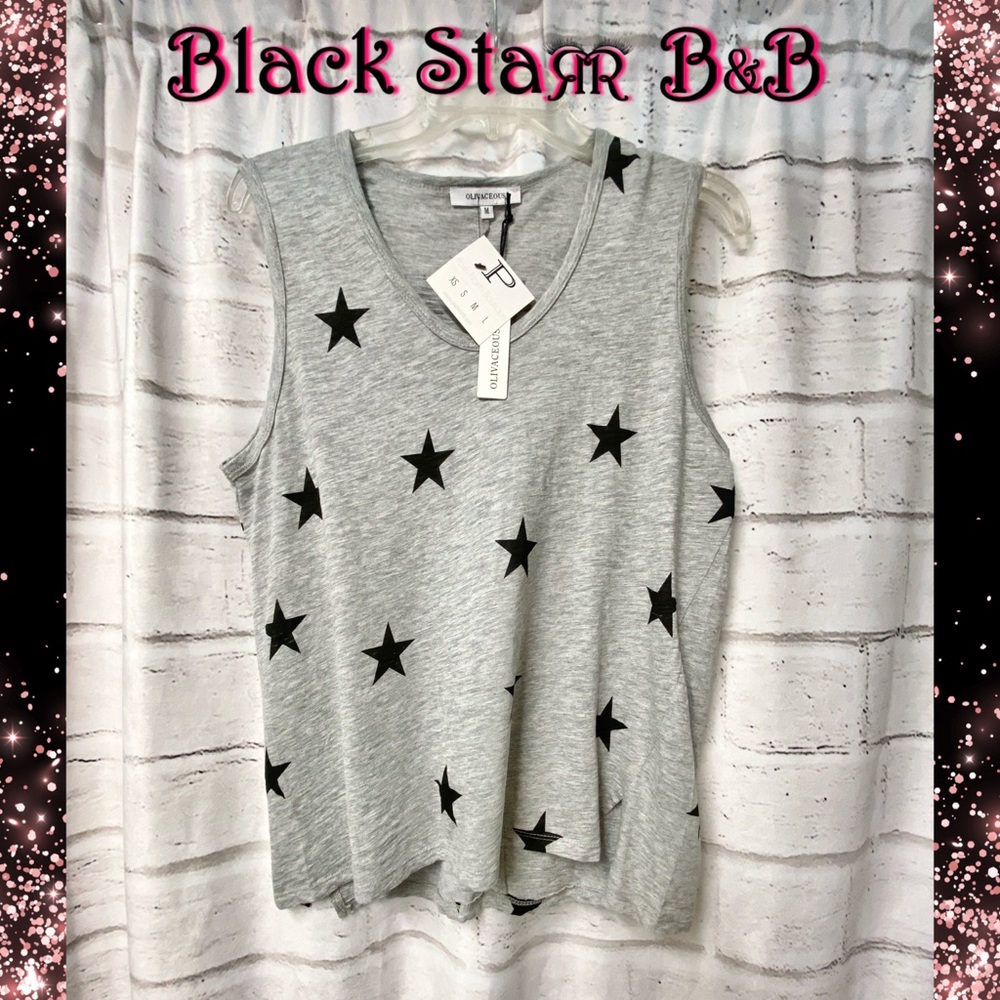 Olivaceous black and gray star V-neck sleeveless top Sz Md